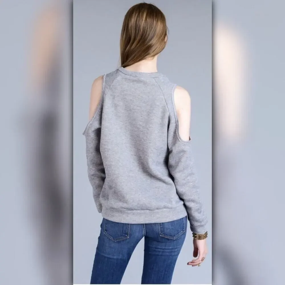 A067-B • Grey Cold Shoulder Crew Neck Pullover Sweater